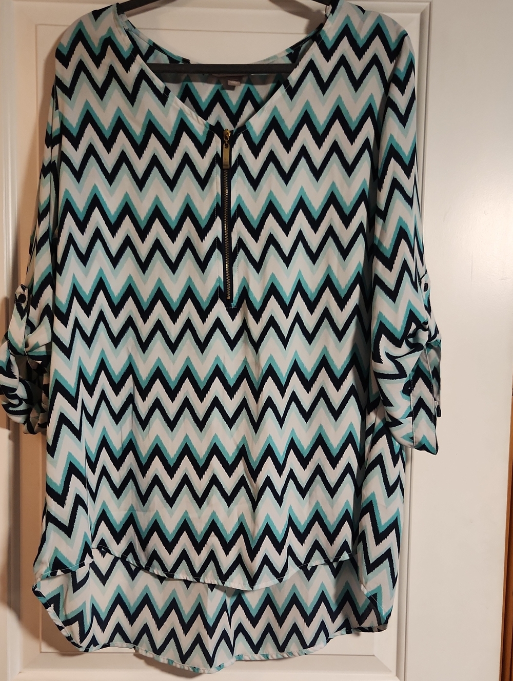 Roz & Ali Teal Navy and White Chevron Zip-Front Tunic